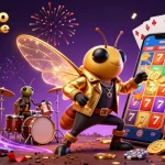 Jouez à des jeux passionnants sur les casinos en ligne avec une illustration vibrante d'une rock star et des éléments festifs.