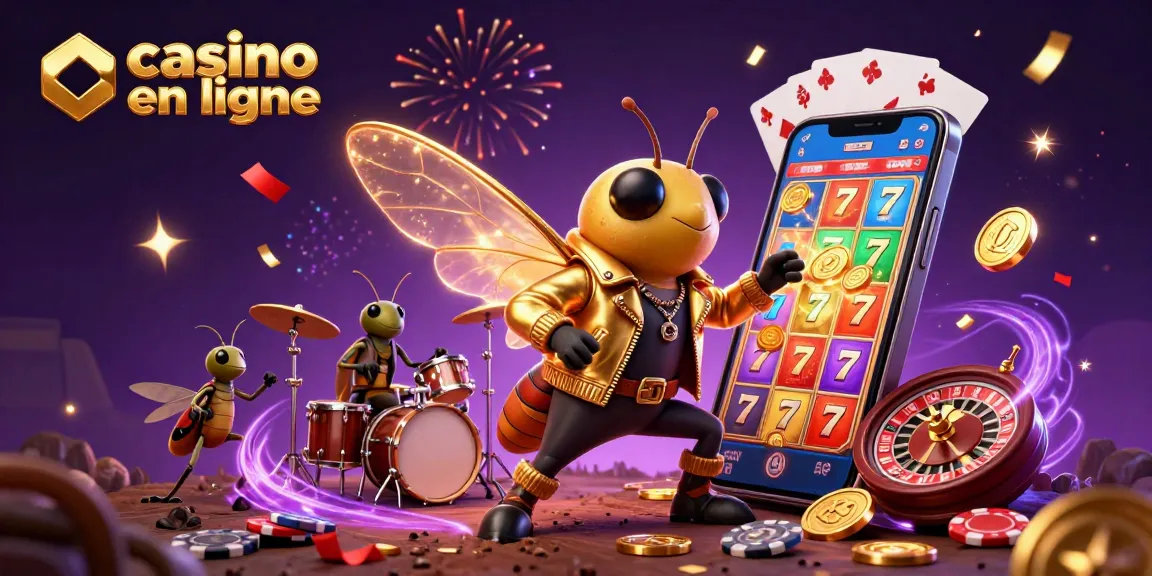 Jouez à des jeux passionnants sur les casinos en ligne avec une illustration vibrante d'une rock star et des éléments festifs.
