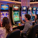 Excited players celebrating their win at credit card casinos, vibrant gaming atmosphere with modern setup.
