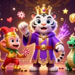Jouez au casino en ligne avec l'élégant tigre et un singe jongleur dans un univers dynamique.