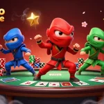 Gagnez gros au casino en ligne avec une équipe de caméléons ninja en action entourée de jetons et cartes de poker.