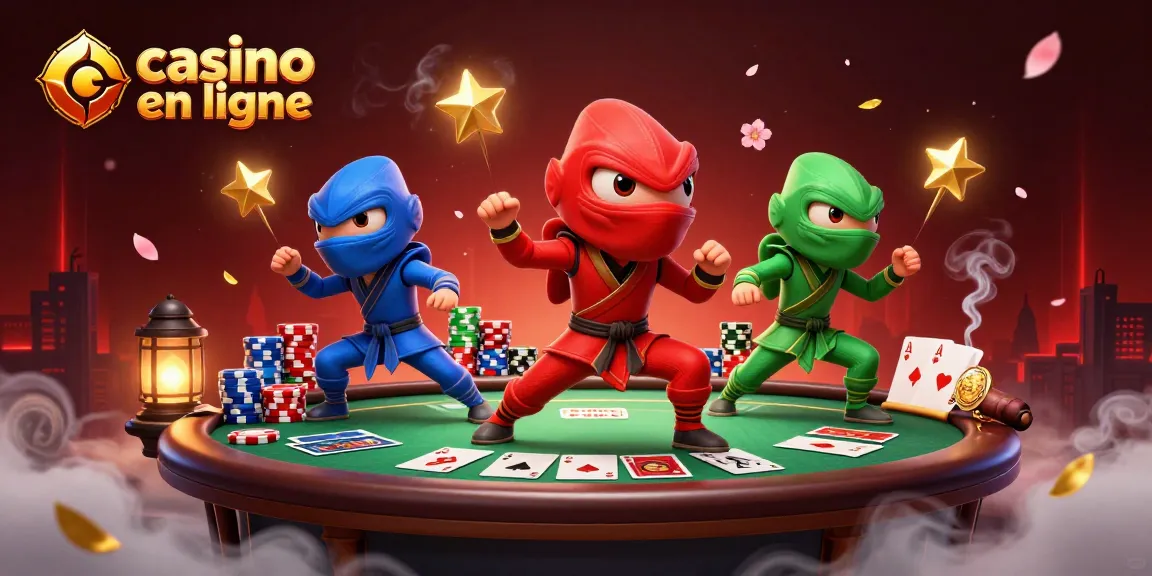 Gagnez gros au casino en ligne avec une équipe de caméléons ninja en action entourée de jetons et cartes de poker.