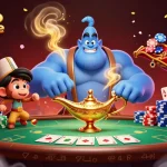 Jouez au casino en ligne avec un majestueux génie et un tapis magique, entouré de jetons de poker.