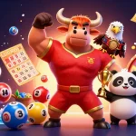 Gagnez avec casino en ligne fiable grâce à un dessin 3D d'un bull, aigle et panda dans un décor festif.