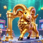Illustration d'un casino en ligne fiable avec un bélier doré et des machines à sous colorées.