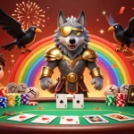Une scène de jeu captivante dans un casino en ligne fiable avec Odin et ses corbeaux striés, entourés de jetons et de cartes.