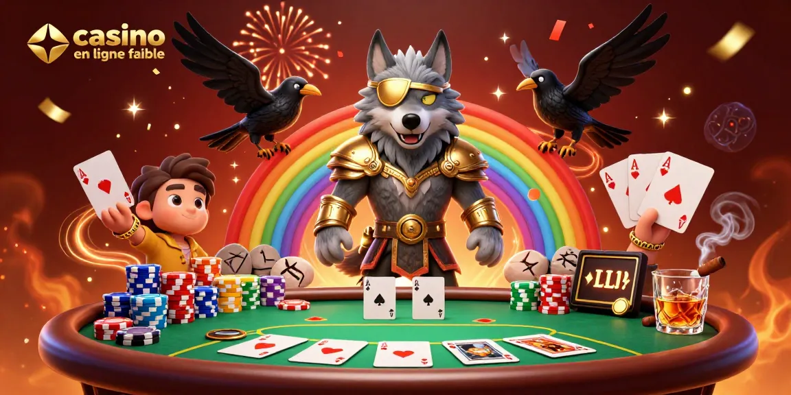 Une scène de jeu captivante dans un casino en ligne fiable avec Odin et ses corbeaux striés, entourés de jetons et de cartes.