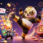 Illustration dynamique représentant un panda lutteur en masque doré, symbolisant un casino en ligne fiable.