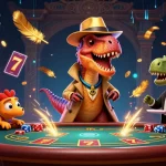 Jeux animés d'un casino en ligne fiable avec un vélociraptor joueur au blackjack.