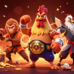 Découvrez les personnages de casino en ligne fiable, comme un coq thaï et un singe Shaolin, dans une illustration dynamique.