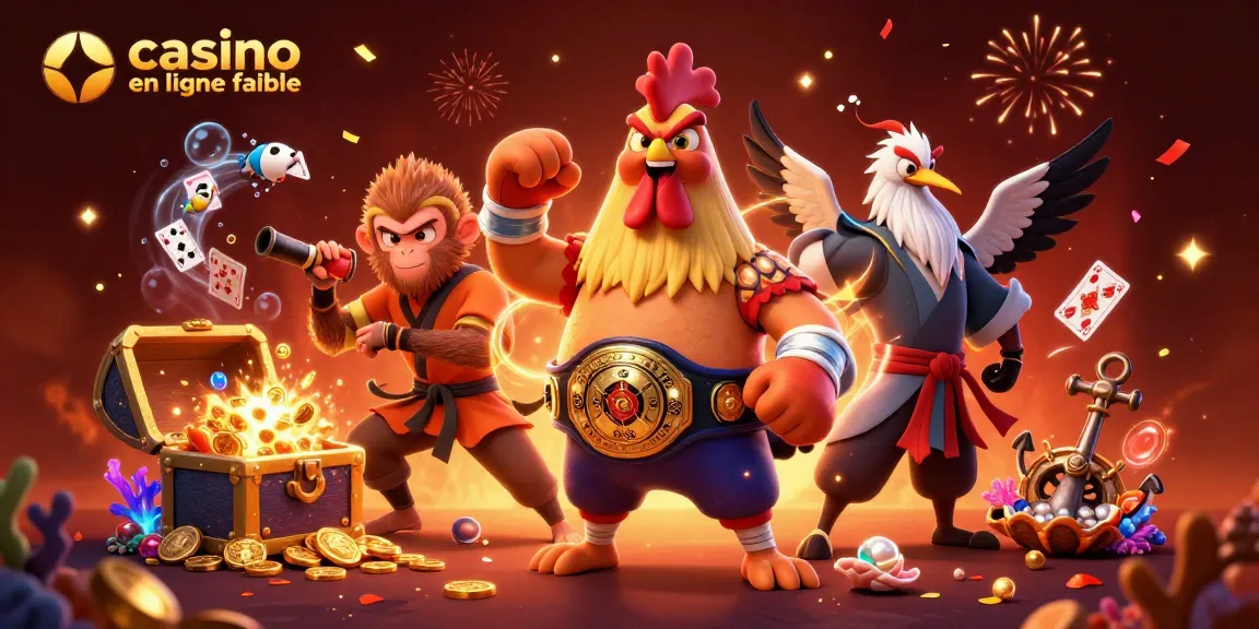 Découvrez les personnages de casino en ligne fiable, comme un coq thaï et un singe Shaolin, dans une illustration dynamique.