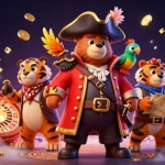 Illustration colorée représentant un casino en ligne retrait rapide, avec des pirates et des trésors.