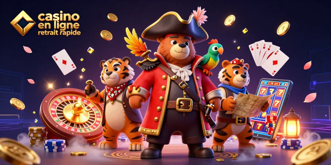 Illustration colorée représentant un casino en ligne retrait rapide, avec des pirates et des trésors.