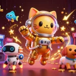 Illustration artistique représentant un chat astronaute en costume doré et un chien robot dans un univers de casino en ligne fiable.