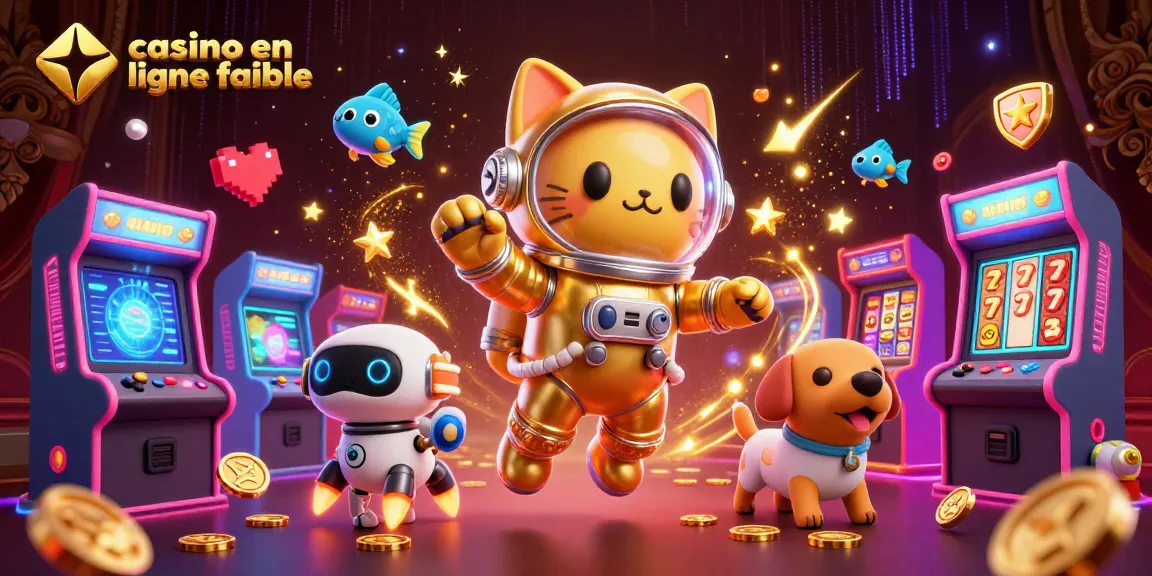 Illustration artistique représentant un chat astronaute en costume doré et un chien robot dans un univers de casino en ligne fiable.