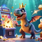 Illustration animée de casino en ligne fiable avec un T-Rex jouant aux cartes et des jetons dorés empilés.