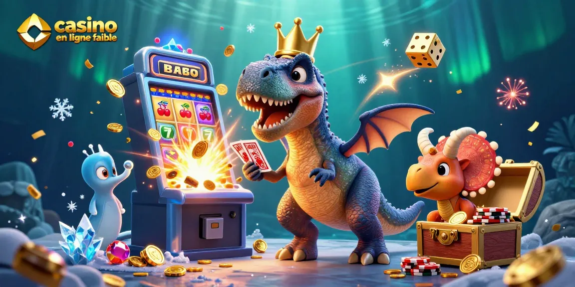 Illustration animée de casino en ligne fiable avec un T-Rex jouant aux cartes et des jetons dorés empilés.