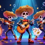 Scène dynamique de crypto casinos avec un groupe de squelettes mariachi, pièces d'or et roulettes.