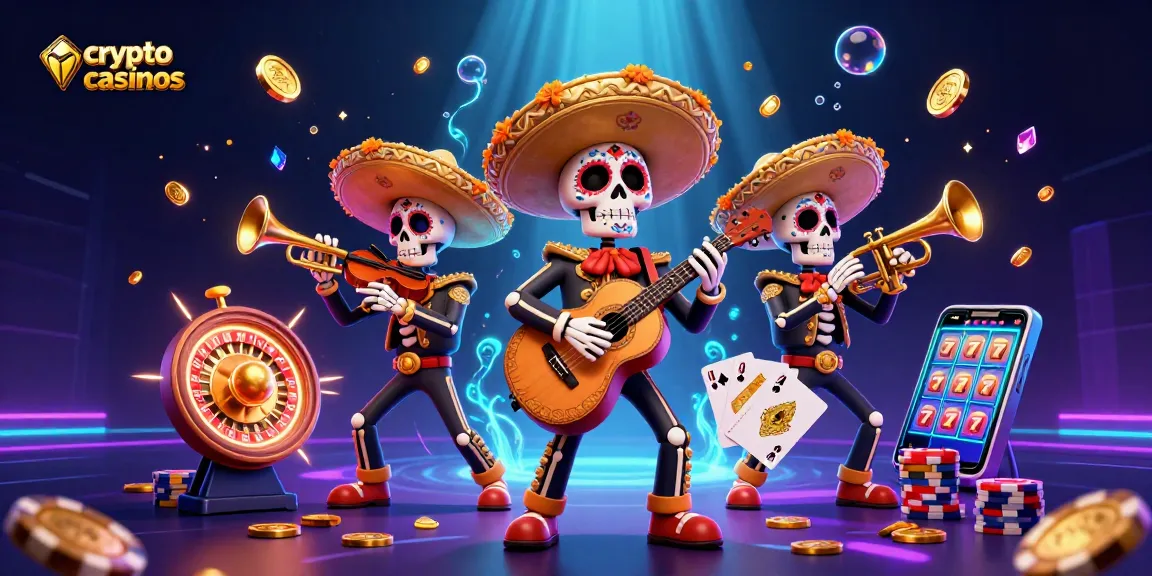 Scène dynamique de crypto casinos avec un groupe de squelettes mariachi, pièces d'or et roulettes.