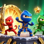 Une illustration dynamique de caméléons ninjas, représentant un casino en ligne fiable avec des trésors dorés éblouissants.