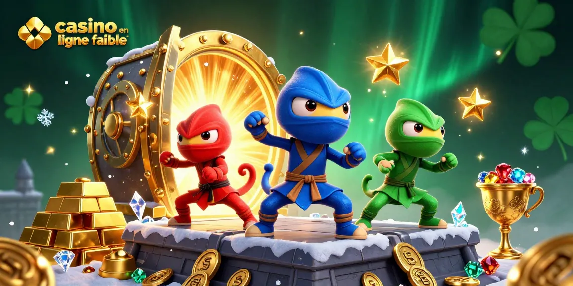 Une illustration dynamique de caméléons ninjas, représentant un casino en ligne fiable avec des trésors dorés éblouissants.