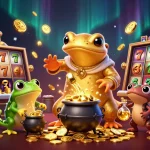 Une illustration 3D captivante de "casino en ligne sans KYC" avec un alchimiste géant, une grenouille et des nouveaux assistants.