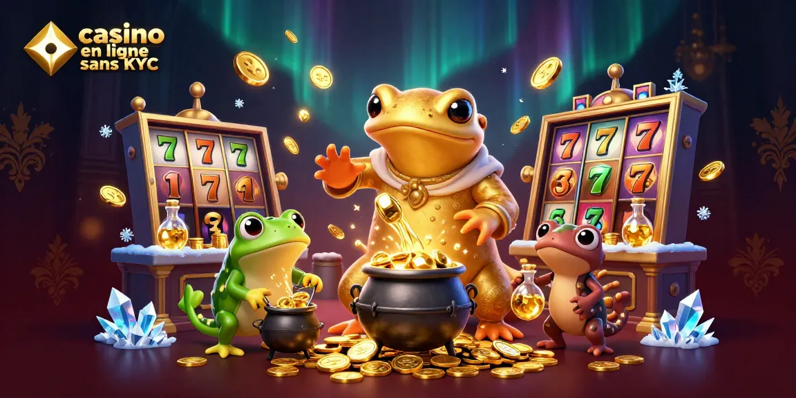 Une illustration 3D captivante de "casino en ligne sans KYC" avec un alchimiste géant, une grenouille et des nouveaux assistants.