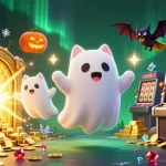 Rencontrer un chat fantôme dans un casino en ligne fiable, entouré de pièces d'or et de gemmes éclatantes.