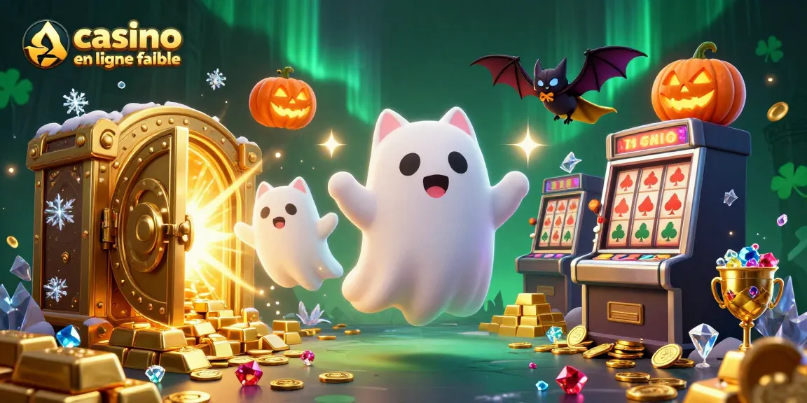 Rencontrer un chat fantôme dans un casino en ligne fiable, entouré de pièces d'or et de gemmes éclatantes.