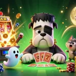 Jouer dans un casino en ligne fiable avec un chien Frankenstein et un chat-garou entouré de jetons et d'éléments de jeu.