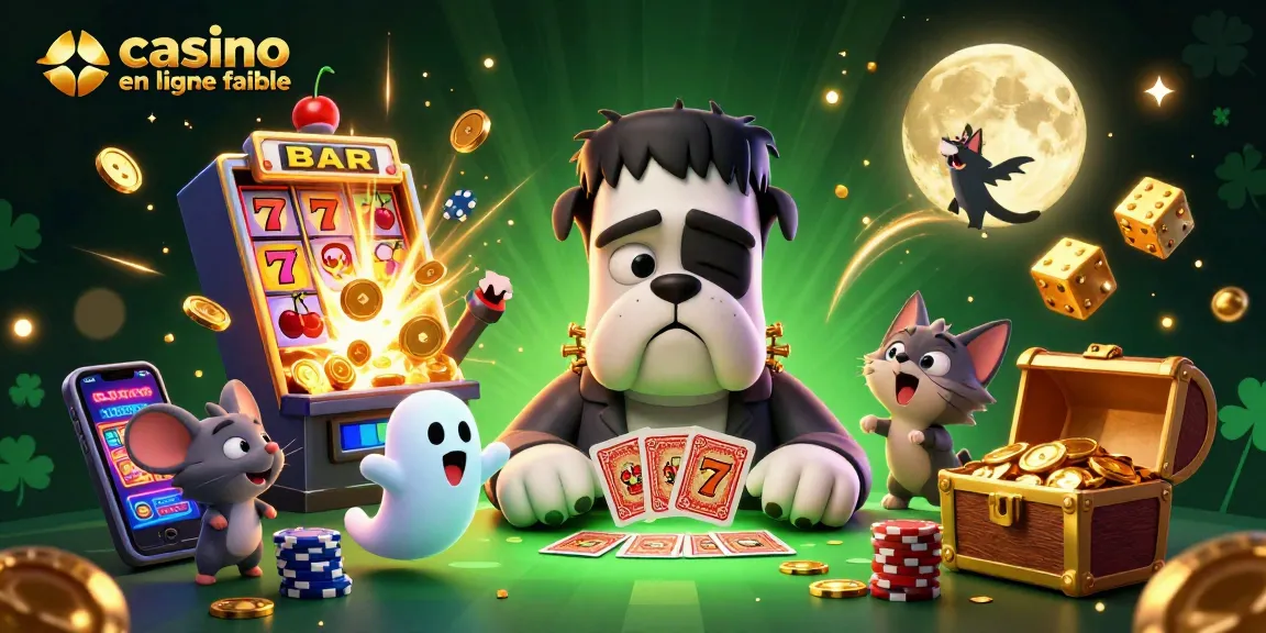 Jouer dans un casino en ligne fiable avec un chien Frankenstein et un chat-garou entouré de jetons et d'éléments de jeu.