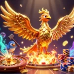 Jouez sur un casino en ligne fiable avec l'illustration d'un phoenix doré et des éléments de jeu captivants.