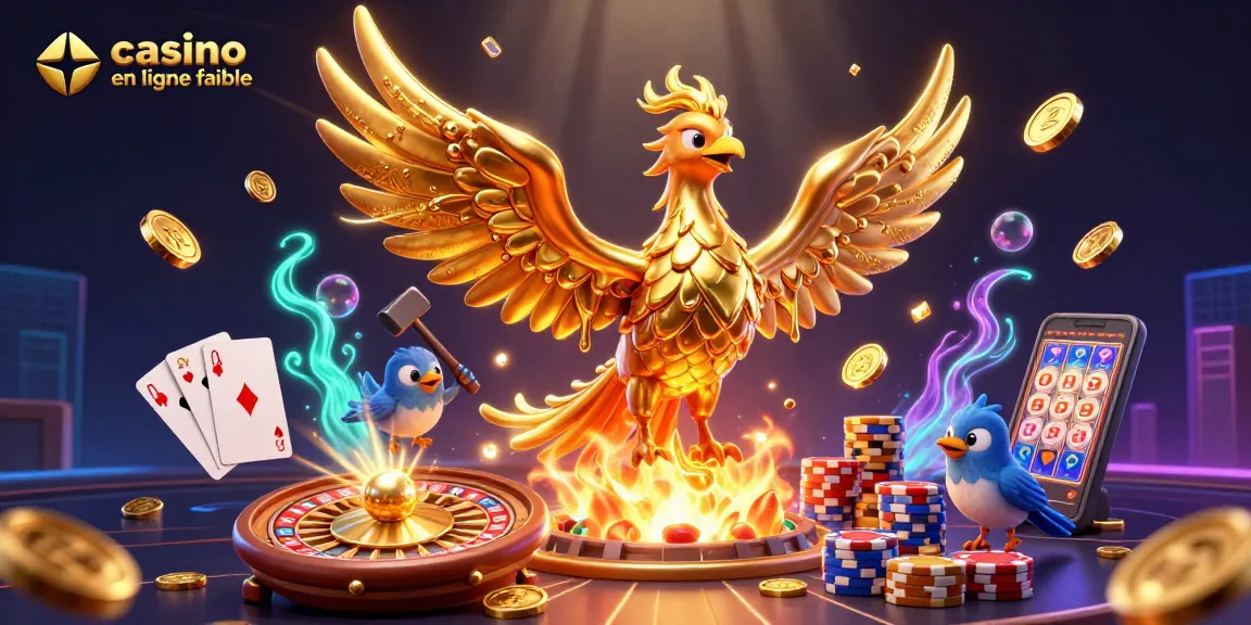 Jouez sur un casino en ligne fiable avec l'illustration d'un phoenix doré et des éléments de jeu captivants.