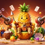 Casino en ligne fiable : illustration colorée d'un roi ananas entouré de gardes et de jeux.