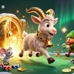 Illustration d'un casino en ligne fiable avec Krampus et des elfes volant des jetons.