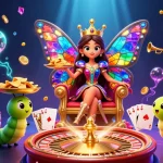 Gagnez à casino en ligne fiable avec une reine papillon et des éléments de jeu colorés.