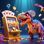 Illustration colorée de casino en ligne fiable avec un pachycephalosaurus et une machine à sous.