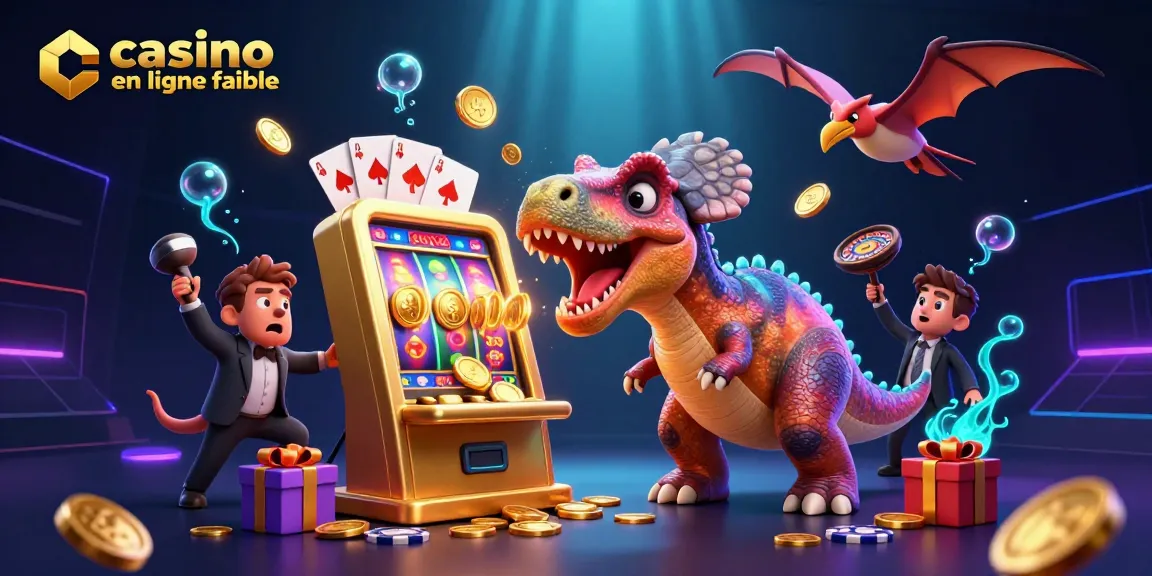 Illustration colorée de casino en ligne fiable avec un pachycephalosaurus et une machine à sous.