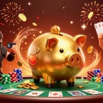 Cette illustration vibrante montre un grand sumo en forme de tirelire d'or, représentant un casino en ligne fiable dans une scène festive.