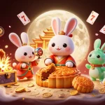 Visualisez le casino en ligne où le lapin lunaire dévoile des jetons de poker en battant des gâteaux de lune.
