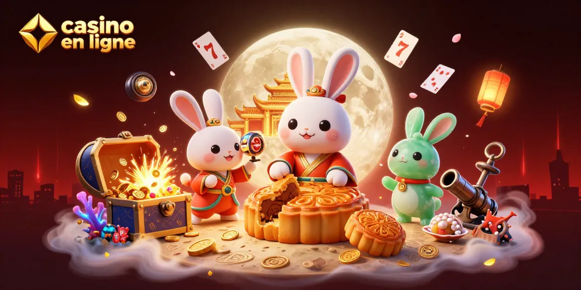 Visualisez le casino en ligne où le lapin lunaire dévoile des jetons de poker en battant des gâteaux de lune.