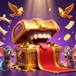 Découvrez les jeux de hasard dans un casino en ligne fiable avec une illustration dynamique de trésors et de jeux.