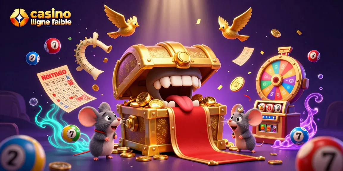 Découvrez les jeux de hasard dans un casino en ligne fiable avec une illustration dynamique de trésors et de jeux.