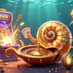 Scopri la lista casino non AAMS con un'antica lumaca gigante che tiene carte e simboli di gioco in un'illustrazione vibrante.