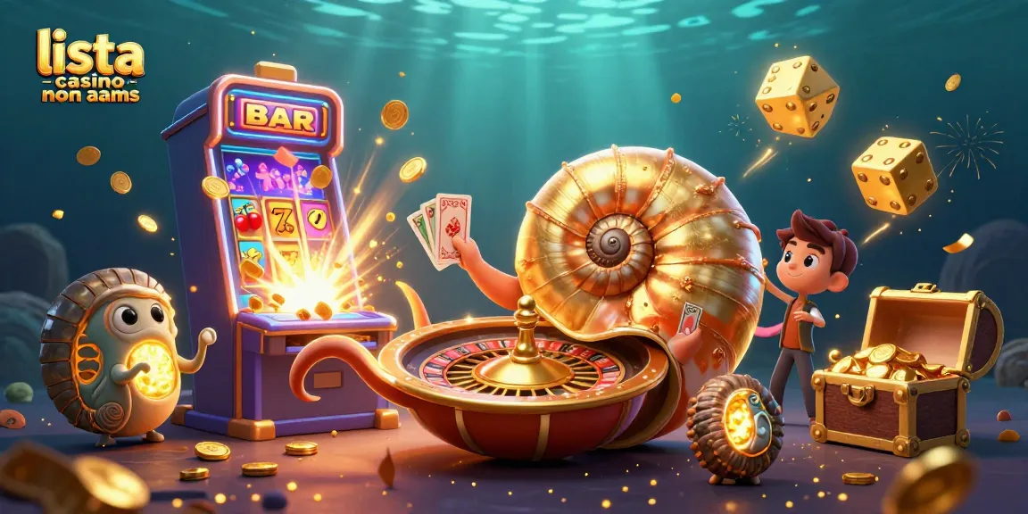 Scopri la lista casino non AAMS con un'antica lumaca gigante che tiene carte e simboli di gioco in un'illustrazione vibrante.