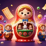 Jouez avec des ours matryoshka au casino en ligne fiable, entourés de billes colorées et de tickets dorés.