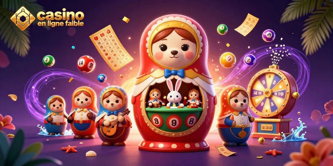 Jouez avec des ours matryoshka au casino en ligne fiable, entourés de billes colorées et de tickets dorés.