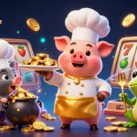 Gagnez avec des jeux dans un casino en ligne fiable, illustrant un chef porc et ses assistants.