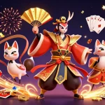 Admirez une scène de casino en ligne fiable, avec un guerrier kabuki et des pièces dorées en vol.