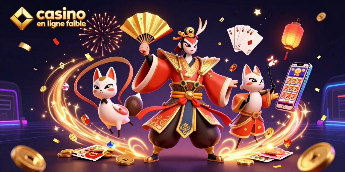 Admirez une scène de casino en ligne fiable, avec un guerrier kabuki et des pièces dorées en vol.